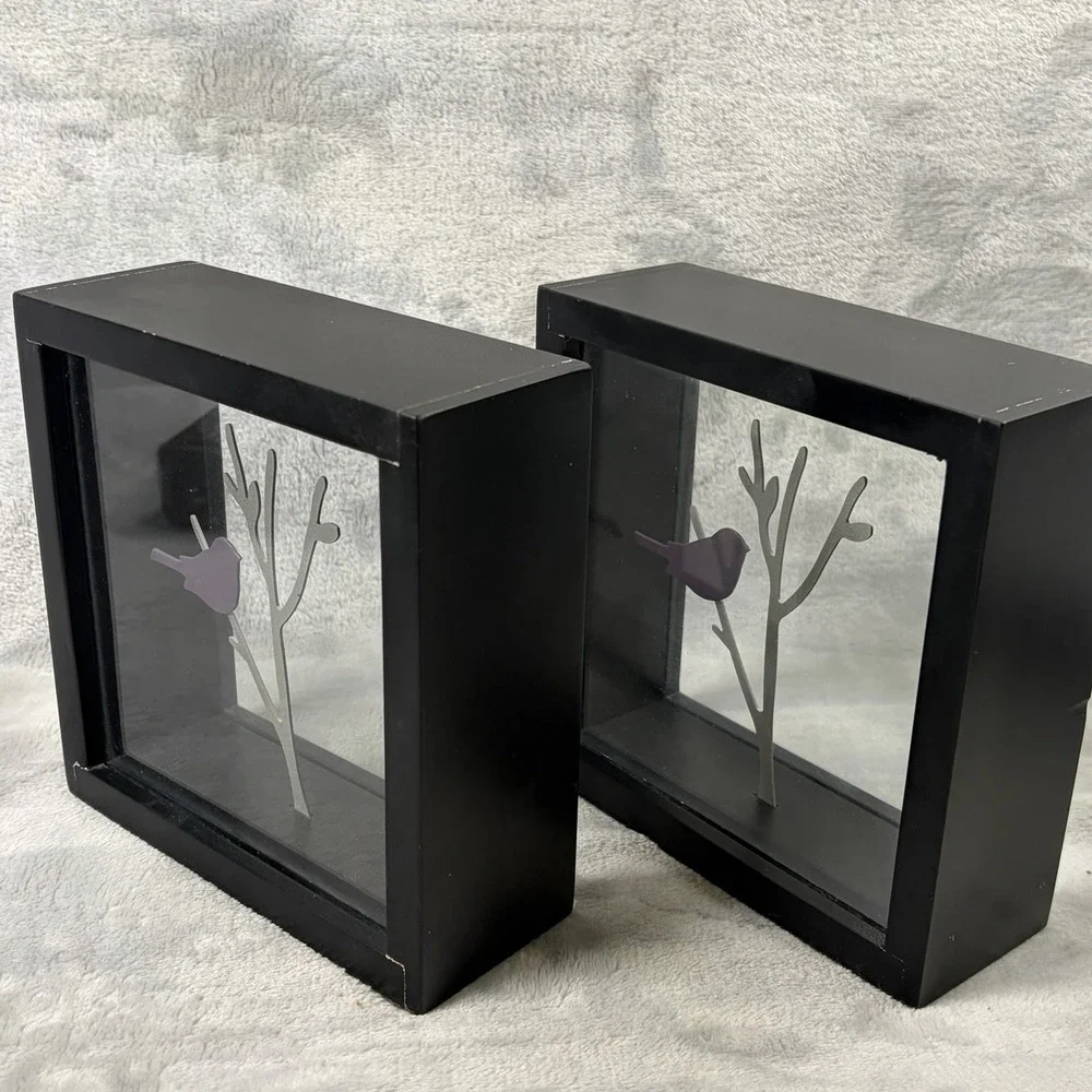 Bird Silhouette Shadow Box Decor Set of 3 Black Frame Glass‎ Branch Modern